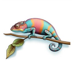 A watercolor painting of a bright chameleon on a branch.