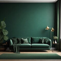 Emerald Elegance: Living Room Mockup with Dark Green Sofa