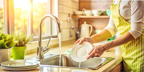A woman washes dishes, cleans a clean kitchen, macro