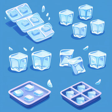 Ice cube trays set isolated on blue background. Vector cartoon illustration of frozen water mold, plastic or silicone square container for kitchen refrigerator, melting icicle pieces in liquid 