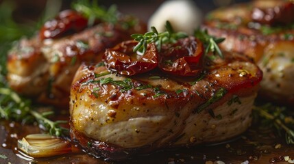 Close-up of thick-cut pork chops stuffed with mozzarella, sun-dried tomatoes, and garlic, on an isolated background, studio lighting, raw style
