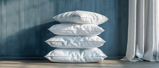Comfortable white pillows are stacked and arranged neatly in a minimalist hotel room interior created with Generative AI Technology