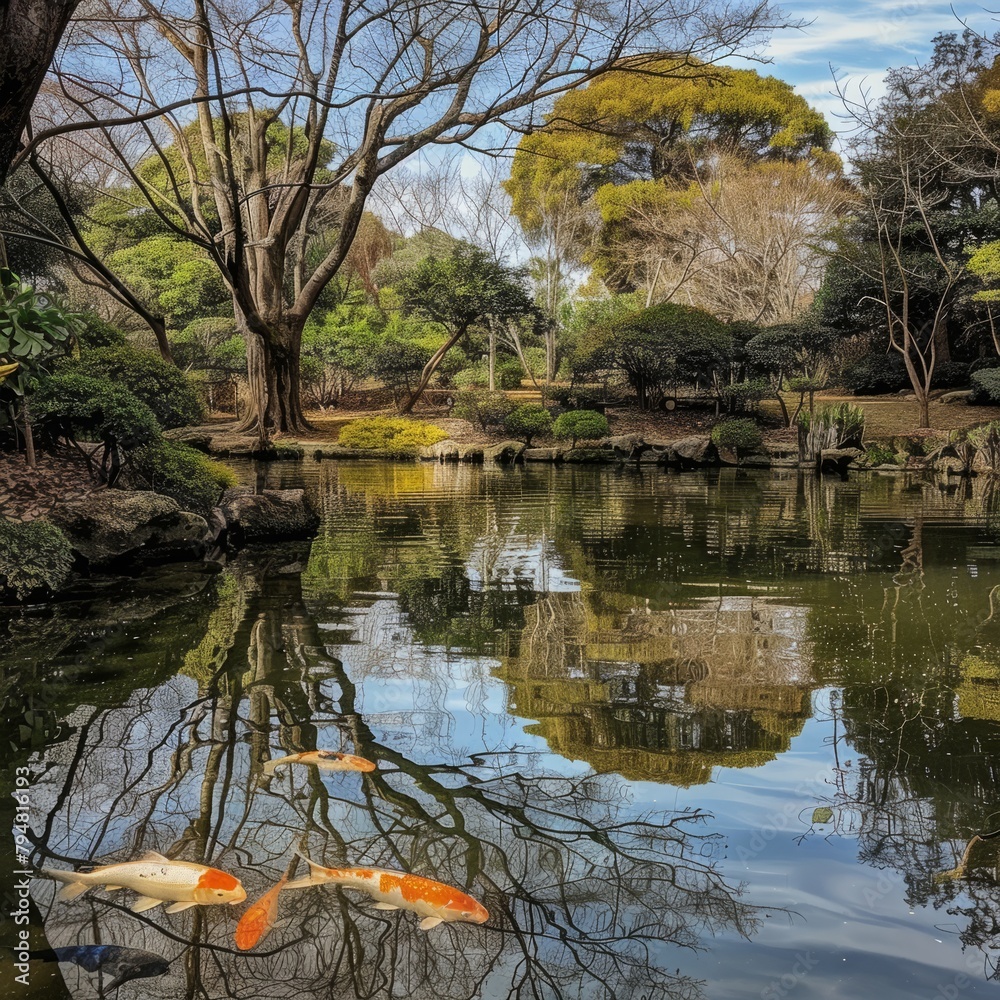 Poster A pond with two koi fish swimming in it