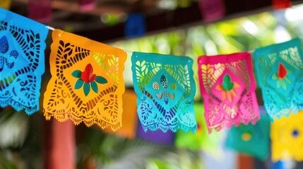 A festive Cinco de Mayo banner with colorful papel picado decorations in the background.