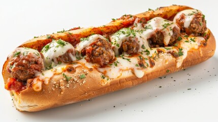 Close-up of a cheesy meatball sub with melted mozzarella, vibrant marinara sauce, and seasoned meatballs, isolated background, studio light