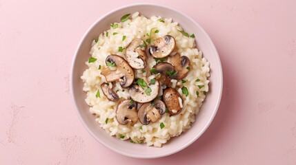 Artistic top view studio image of Mozzarella and Mushroom Risotto, showcasing the creamy texture and rich flavor, on a minimalist background