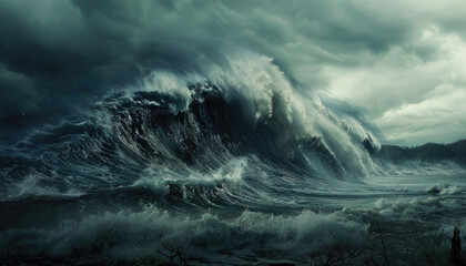 Fototapeta na wymiar A large wave is crashing into the shore, with dark clouds looming overhead by AI generated image