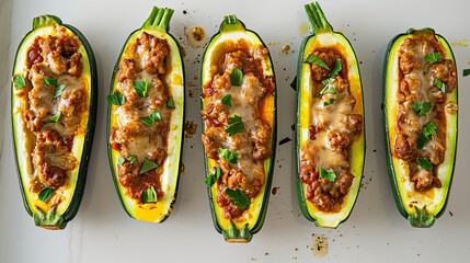 Artistic top view of zucchini boats stuffed with cheesy Italian sausage, mozzarella, and sauce, highlighted by focused studio lighting on a clean background