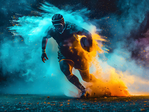 A man is having fun playing rugby in the field surrounded by smoke