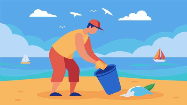 A beachgoer properly disposes of their trash and picks up litter left by others taking personal responsibility for protecting and preserving