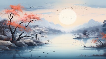 A serene painting of a river with birds gracefully soaring over it