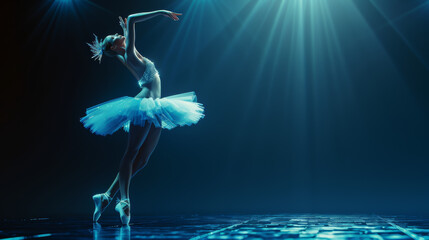 a ballerina posed enpointe on stage with her back to the audience is wearing a translucent blue...