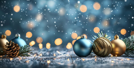 Festive Christmas decoration with blue and gold baubles on a sparkling background. - 794817355