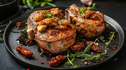 Artistic food presentation of thick pork chops stuffed with mozzarella and sun-dried tomatoes, top view on an isolated background under studio lights