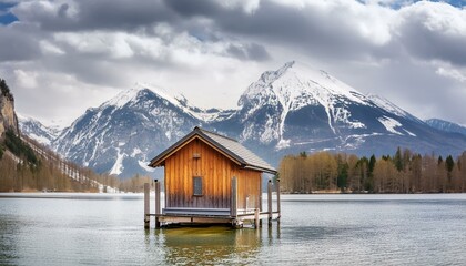 floating house of the lake with the snow covered mountain and cloudy sky in background; beautiful scene at early spring. Generative AI