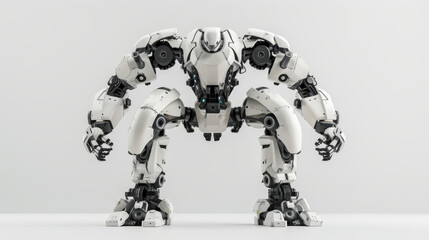 A humanoid combat robot. It has damage after the battle. It has a concise and minimalistic appearance, a streamlined body and movable limbs - obrazy, fototapety, plakaty