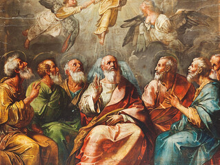 Religious artwork showing Pentecost with beams of light and Holy Spirit descending on followers.