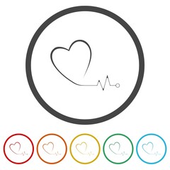 Heart pulse one line icon. Set icons in color circle buttons