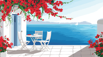Santorini island Greece. Beautiful terrace with red - obrazy, fototapety, plakaty