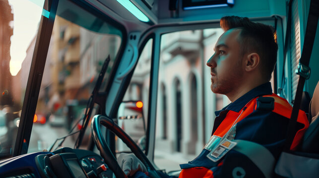 copy space, stockphoto, sideview of an ambulance, ambulance driver sitting in in the drivers seat of an ambulance. Health care theme, ambulance at an accident site, providing first aid.