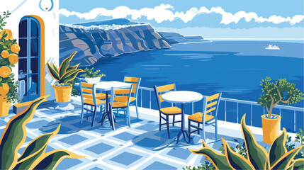 Santorini island Greece. Cafe on the terrace with sea