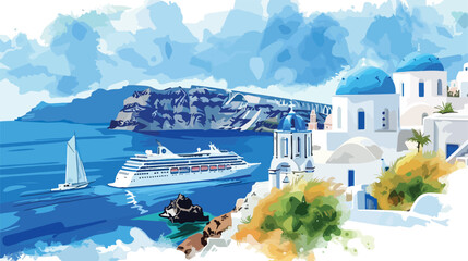 Santorini island Greece. Cruise ship near the coast. - obrazy, fototapety, plakaty