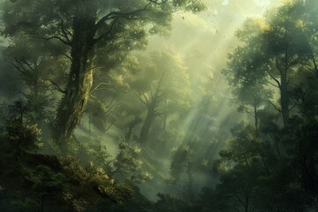 Obraz premium Dense mist covered the towering trees.