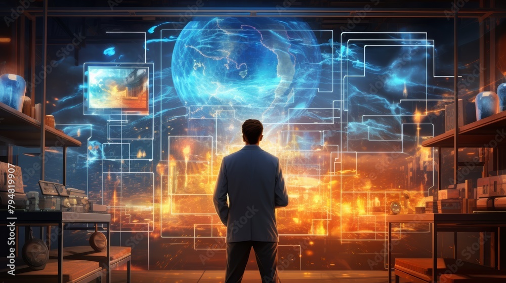 Poster A lone scientist stands amidst a maze of laboratory equipment, their gaze focused on a glowing computer screen displaying complex data.