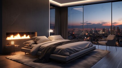 A luxurious master bedroom with a king-size bed, a fireplace, and a private balcony overlooking a breathtaking cityscape.