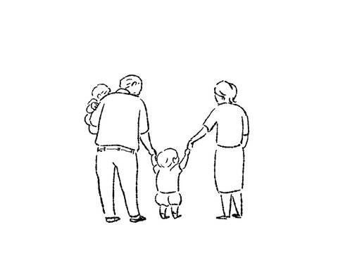 小さい子供（孫）を抱く高齢男性と子供と手を繋ぐ高齢女性の後ろ姿、（祖父母と二人の孫）、線画
