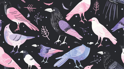 Seamless pattern with crows on dark background. Backdrop