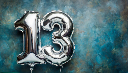 Banner with number 13 silver balloon. 13 years anniversary celebration. Dark blue background.