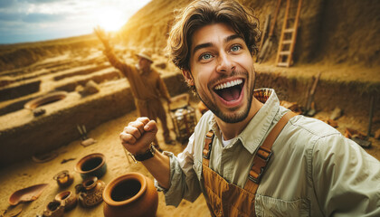  joyful archaeologist who works with awe and curiosity. professions concept - 794821141