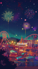 Amusement park circus carnival festival fun fair with fireworks landscape at night other attractions