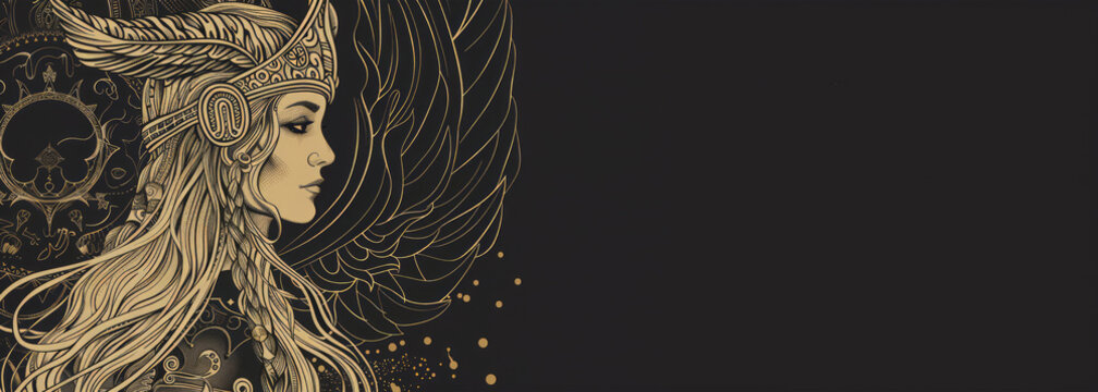 Freyja old Norse lady banner with copy space, the Norse goddesses, who was the sister and female counterpart of Freyr and was in charge of love, fertility, battle, and death.