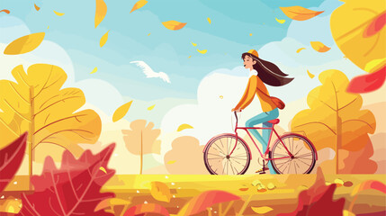 Girl riding bike in the park in autumn. Landing page