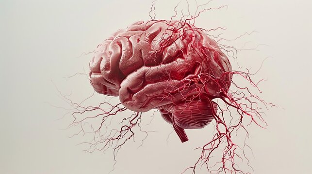 A creative portrayal of the brains anatomy and vascular connections designed in a stylized form to enhance visual impact for medical presentations