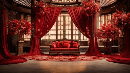 A vibrant red couch sits gracefully in front of a matching red curtain, creating a striking visual harmony