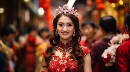 A regal woman in a red dress wearing a tiara, standing elegantly