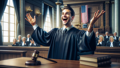  joyful judge in a courtroom, feeling satisfied after delivering a just verdict - 794822195