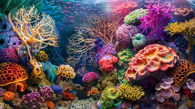 A colorful and imaginative portrayal of a brain coral ecosystem blending real elements with fantastical designs perfect for a marine biology exhibit