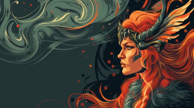 Freyja old Norse lady banner with copy space, the Norse goddesses, who was the sister and female counterpart of Freyr and was in charge of love, fertility, battle, and death.