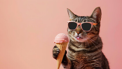 A cat wearing sunglasses and holding an ice cream cone by AI generated image - obrazy, fototapety, plakaty