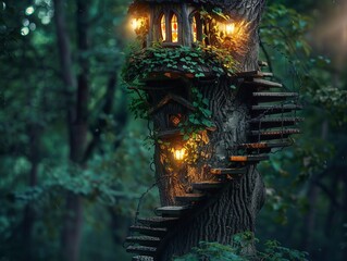 An elf's tree house with twinkling lights in a magical forest