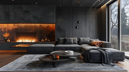 Modern cozy fireplace in black colour, interior design of a modern living room with a sofa and coffee table, a warm fire glow lighting up the space