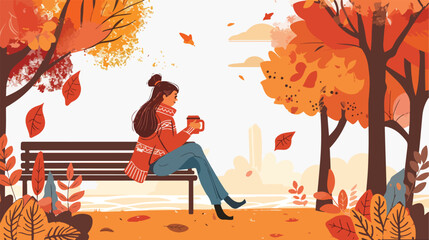 Girl with coffee sitting on bench in autumn. Cute illustration