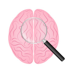 Human Brain with Magnifying Glass. Brain Analysis. Mental Health and Brain Diseases Concept. Vector Illustration. 
