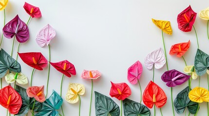 A vibrant display of handcrafted anthurium flowers made from colorful paper arranged artistically against a white background with ample copy space - obrazy, fototapety, plakaty