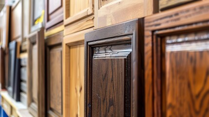 Market display of mixed vintage and modern wood cabinet doors, emphasizing luxurious wood grains