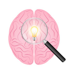 Magnifying Glass with Brain and Lightbulb. Brainstorm, Creativity and Thinking Idea Concept. Vector Illustration. 